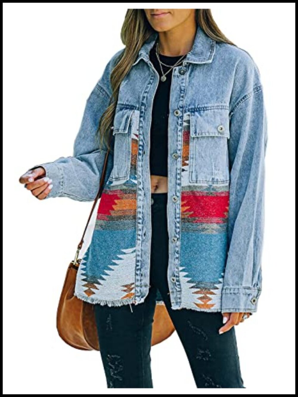 Women's Vintage Aztec Print Loose Shacket Button Down Long Sleeve Woolen Jacket